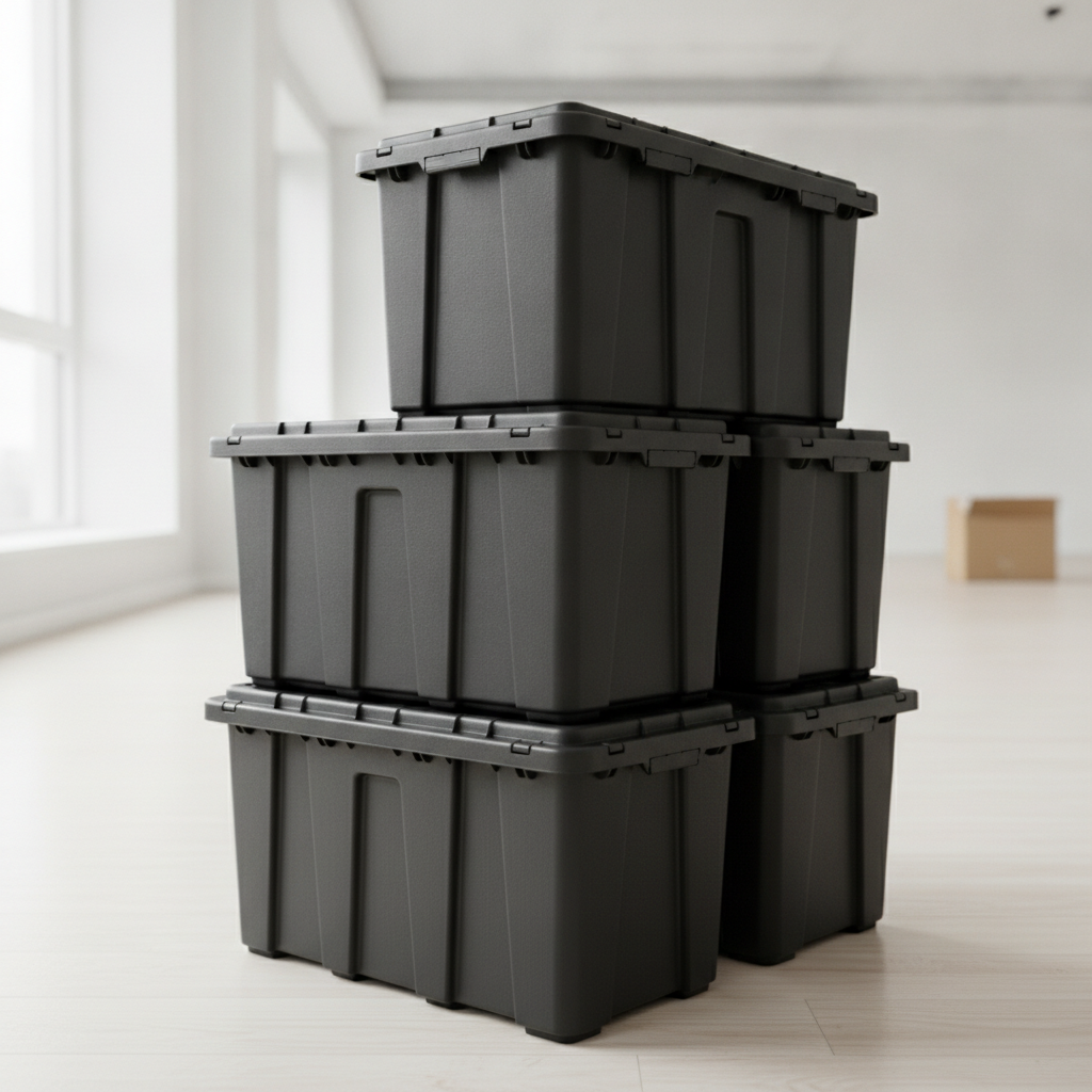 Black Plastic Moving Totes, no humans